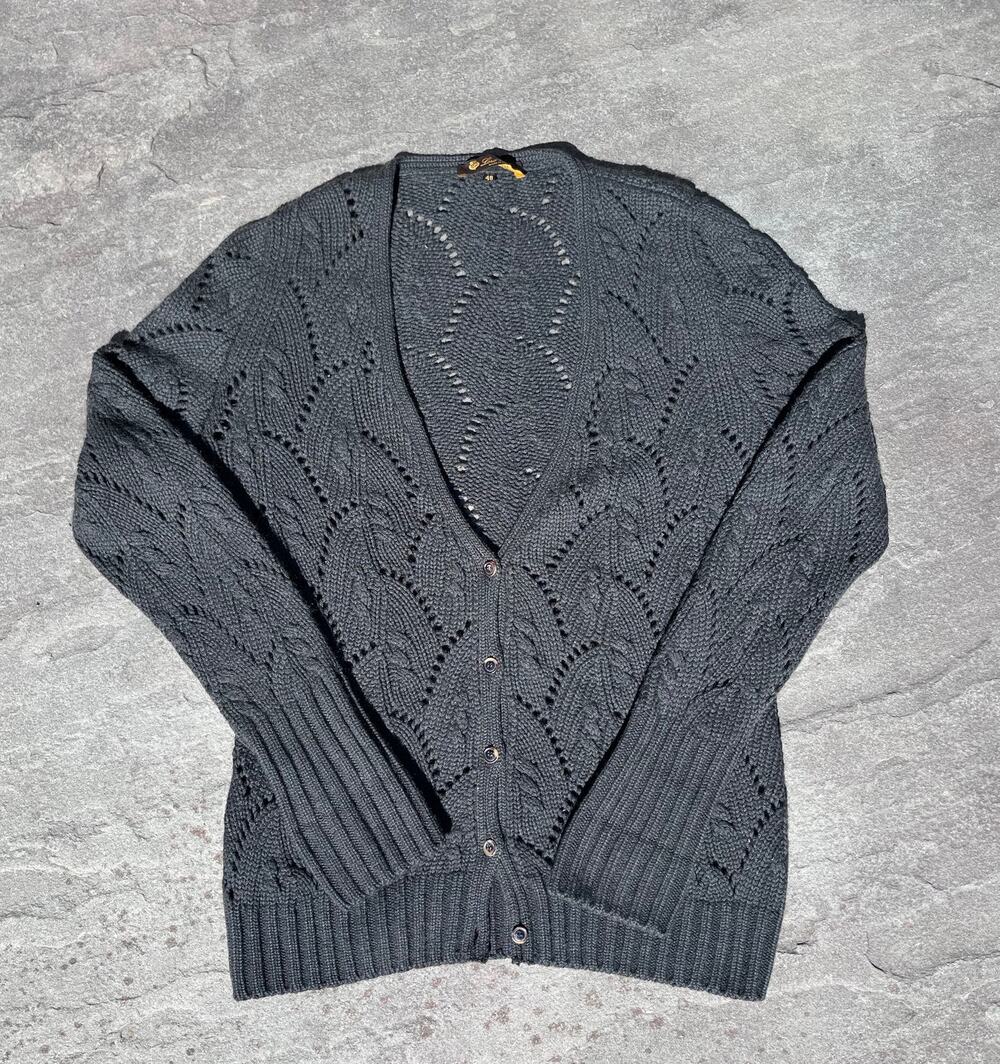 Loro Piana 100% Cashmere Chunky Cable Pointelle Cardigan Green IT 48 L $2650
